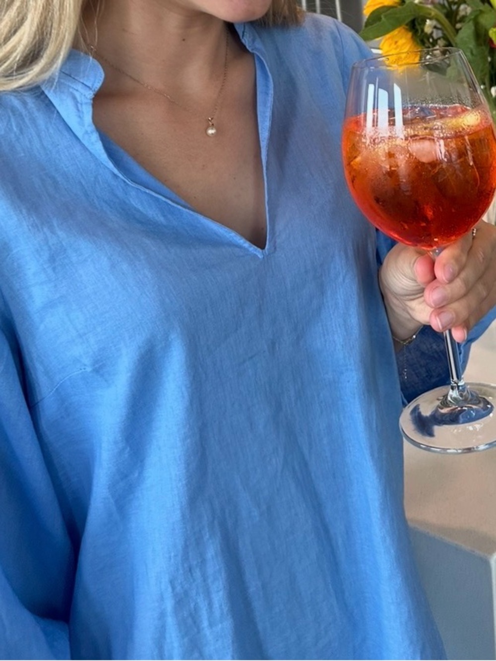 Women's Blue V-Neck Linen Blend Dress